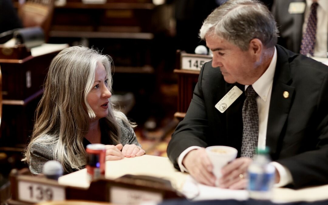 Rep. Leesa Hagan and Chairman Rep Richard Smith discuss a bill in the House Chamber